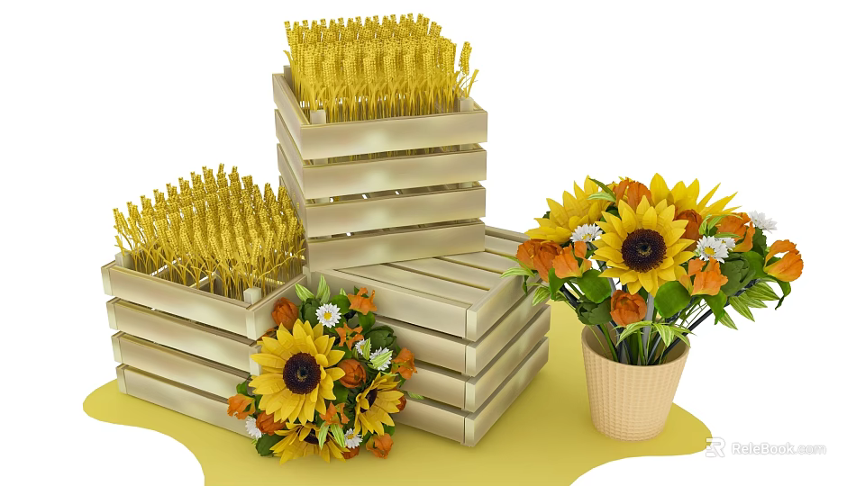 Floral Display with Sunflowers and Green Leaves in Stacked Wooden Crates and Flower Pots 3d model 