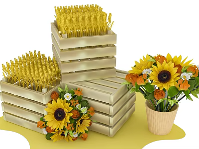 Floral Display with Sunflowers and Green Leaves in Stacked Wooden Crates and Flower Pots 3d model