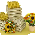 Floral Display with Sunflowers and Green Leaves in Stacked Wooden Crates and Flower Pots