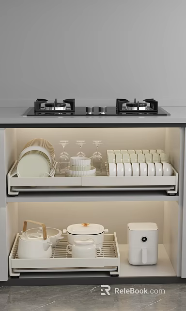 Organized Kitchenware Storage in Modern Kitchen Cabinet with Dishes Glasses and Gas Stove 3d model 