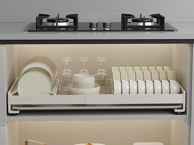Organized Kitchenware Storage in Modern Kitchen Cabinet with Dishes Glasses and Gas Stove 3d model