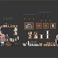 Vibrant Cafe Interior With Coffee Shelves Menu Board And Cartoon Characters
