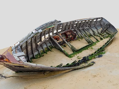 Old Abandoned Wooden Boat on Sandy Beach with Green Moss and Weathered Wood 3d model