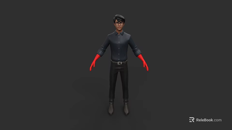 Man Wearing Dark Shirt Black Pants and Red Gloves on Gray Background 3d model 