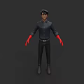 Man Wearing Dark Shirt Black Pants and Red Gloves on Gray Background