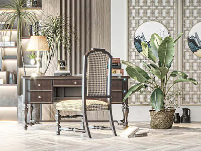 Elegant Study Room Interior Design With Wooden Desk Upholstered Chair Table Lamp And Green Plant 3d model