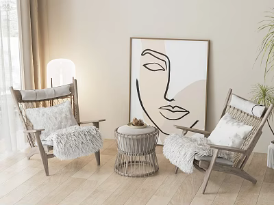 Modern Lounge Chairs With Fluffy Cushions And Wooden Frame In Living Room Abstract Face Artwork 3d model