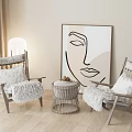 Modern Lounge Chairs With Fluffy Cushions And Wooden Frame In Living Room Abstract Face Artwork