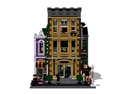 Building Blocks Multi Story Building With Purple Storefront Yellow Facades Windows And Mini Figures 3d model