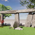 Garden Landscape Design With Stone Arch Pillars And Lush Green Trees