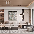 Modern Living Room Interior With Sofa Coffee Table Decorative Mural And Floor Lamp