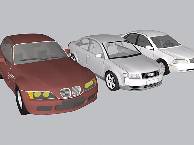 Three Sedan Cars In Red Silver And White Colors On 3d model