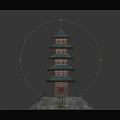 Cartoon Style Five Story Pagoda With Green Roofs And Red Body On Stone Base