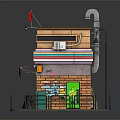 Cute Cartoon Scene Featuring Small Building Red Sign Colorful Stripes Pink Awning and Green Door