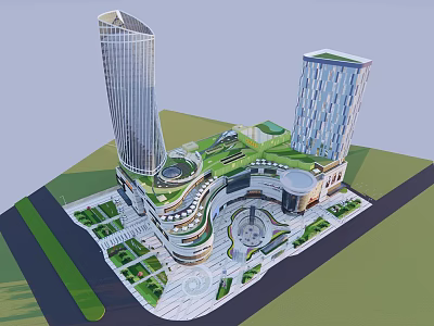 Modern Office Building Twin Towers With Green Roof And Central Plaza Garden 3d model