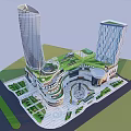 Modern Office Building Twin Towers With Green Roof And Central Plaza Garden