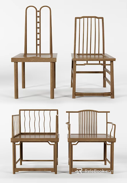 Wooden Chinese Style Leisure Chairs with Various Backrest Patterns and Armrest Designs 3d model 