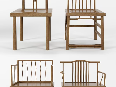 Wooden Chinese Style Leisure Chairs with Various Backrest Patterns and Armrest Designs 3d model