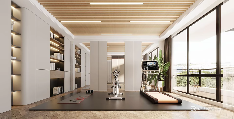 Modern Recreation Room With Exercise Bike Treadmill Bookshelves Floor to Ceiling Windows And Wooden Flooring 3d model 