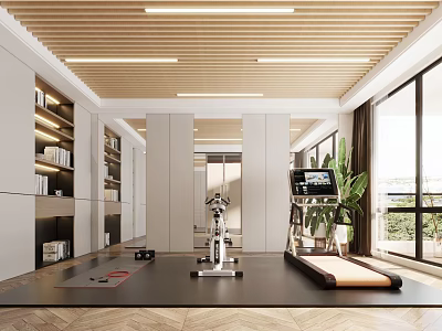 Modern Recreation Room With Exercise Bike Treadmill Bookshelves Floor to Ceiling Windows And Wooden Flooring 3d model