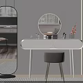White Dressing Table Featuring Round Mirror Gray Stool And Decorative Items In Minimalist Interior 3d model