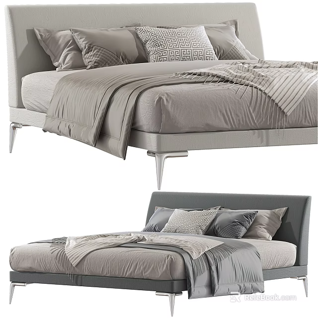 Modern Double Bed With Gray Bedding Multiple Pillows And Sleek Headboard 3d model 
