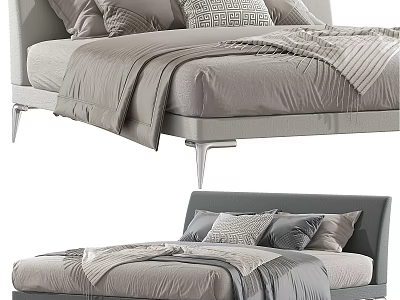 Modern Double Bed With Gray Bedding Multiple Pillows And Sleek Headboard 3d model