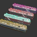 Four Detailed Warship Scale Models in Red Black Blue White Colorful Display Arrangement