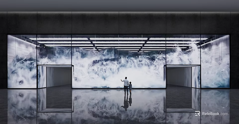 Modern Interior Space with Large Waterfall Projection Two People Standing Ceiling Lights and Floor Reflection 3d model 