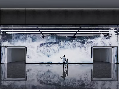 Modern Interior Space with Large Waterfall Projection Two People Standing Ceiling Lights and Floor Reflection 3d model