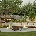 Modern Courtyard Garden With Outdoor Sofa Fire Pit Large Tree Stone Wall And Greenery