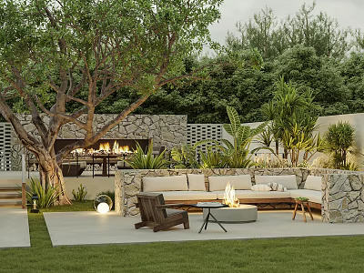 Modern Courtyard Garden With Outdoor Sofa Fire Pit Large Tree Stone Wall And Greenery 3d model