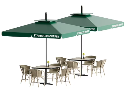 Outdoor Starbucks Coffee Table And Chair Set With Green Shade Umbrellas 3d model