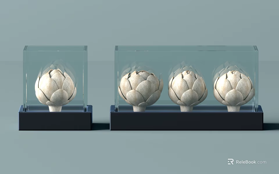 Elegant Artichoke Shaped Decorative Ornament Set In Transparent Display Cases With Black Bases 3d model 