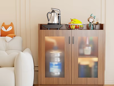 Cozy Living Room Sideboard Cabinet With Silver Kettle Fruit Bowl And Glass Doors Bottles Inside 3d model