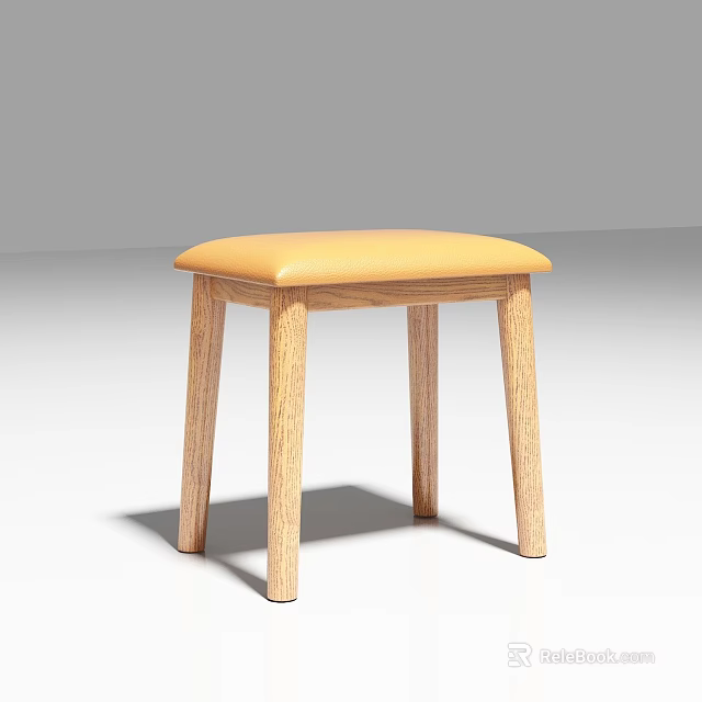 Simple Modern Wooden Stool With Yellow Padded Seat And Light Wood Legs 3d model 