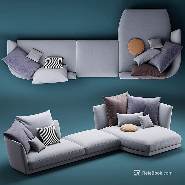 Light Gray Sectional Sofa With Multiple Decorative Pillows In Purple Brown And Striped Patterns 3d model
