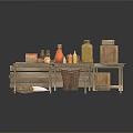Rustic Kitchen Scene With Wooden Tables Clay Pots Metal Pans Wooden Buckets And Salt Bags