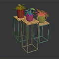 Three Potted Green Leafy Houseplants On Wooden Top Metal Leg Plant Stands