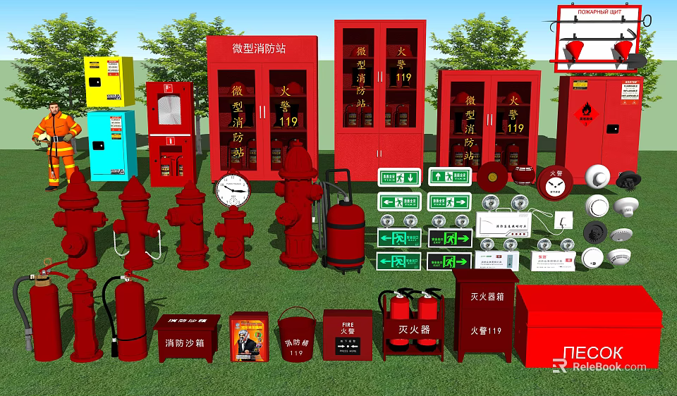 Assorted Red Fire Equipment Including Hydrants Extinguishers Cabinets and Safety Signs 3d model 