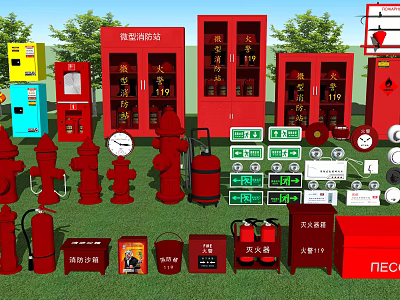 Assorted Red Fire Equipment Including Hydrants Extinguishers Cabinets and Safety Signs 3d model