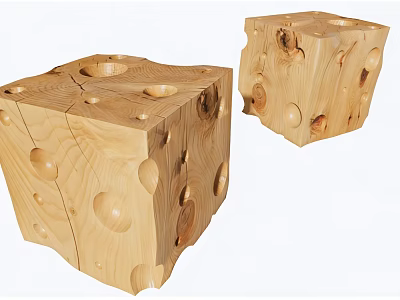 Cube Shaped Wooden Side Tables With Natural Wood Grain Knots And Holes 3d model