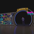 Colorful Neon Lit Archway With Welcome Sign Landscape Patterns And Person Standing