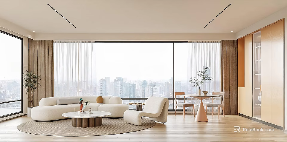 Modern Living Dining Room With Large Windows City View And White Sofa 3d model 