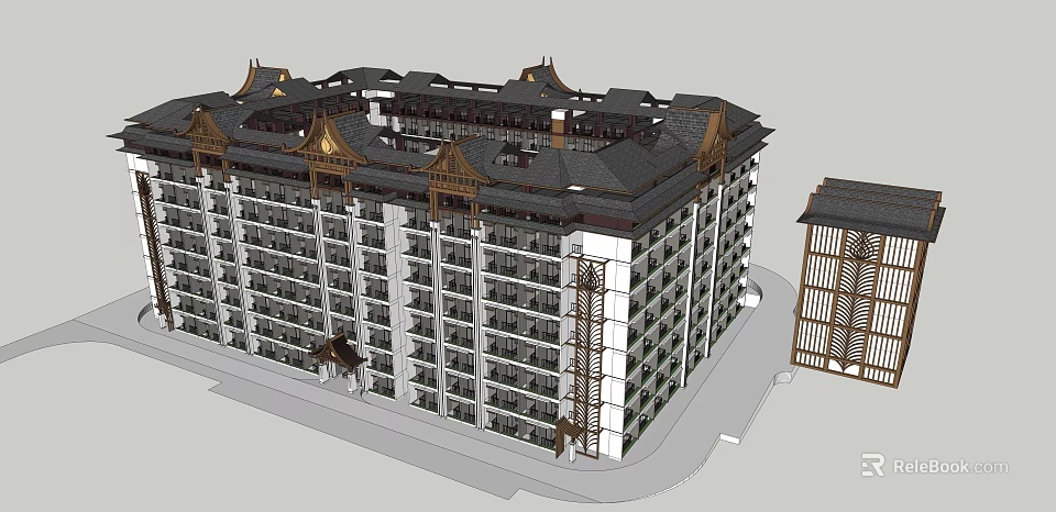 Multi story Hotel Building With Traditional Ornate Roof White Exterior And Wooden Balconies 3d model 