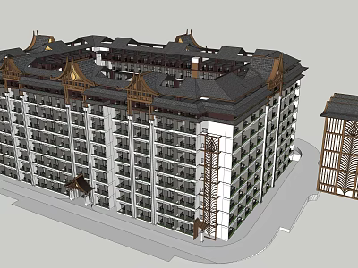 Multi story Hotel Building With Traditional Ornate Roof White Exterior And Wooden Balconies 3d model