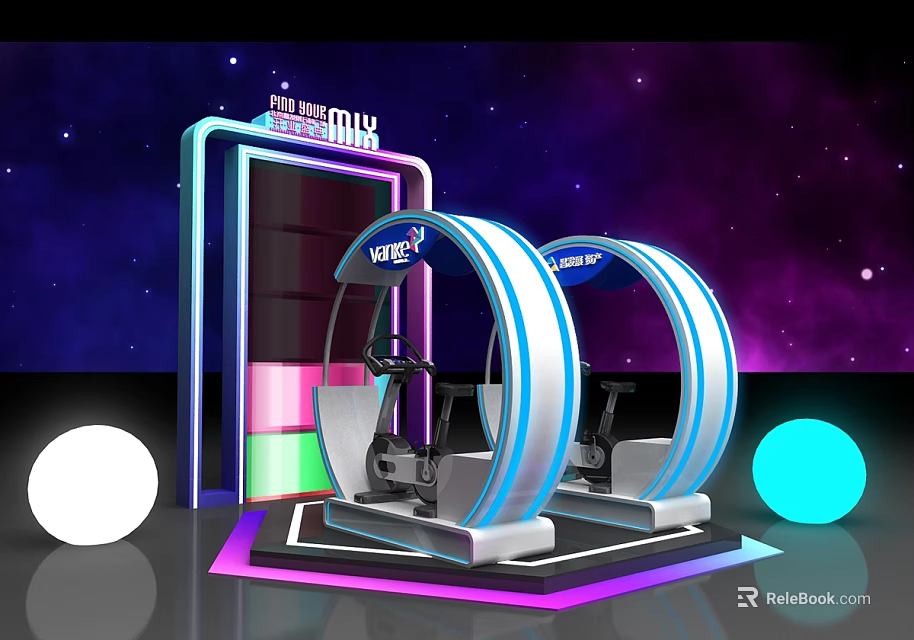 Interactive Zone With VR Experience Equipment Featuring Circular Ring Design And Starry Space Background 3d model 