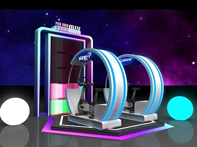 Interactive Zone With VR Experience Equipment Featuring Circular Ring Design And Starry Space Background 3d model