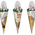Three Big Ice Cream Cones With Creamy Toppings And Crunchy Waffle Cone Packaging