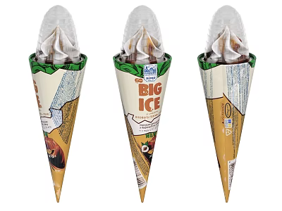 Three Big Ice Cream Cones With Creamy Toppings And Crunchy Waffle Cone Packaging 3d model